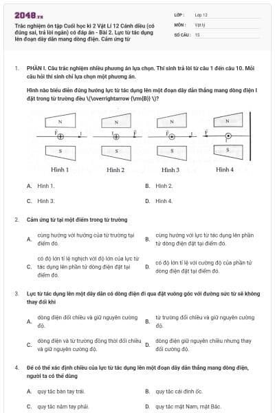 Trắc nghiệm ôn tập Cuối học kì 2 Vật Lí 12 Cánh diều (có đúng sai, trả lời ngắn) có đáp án - Bài 2. Lực từ tác dụng lên đoạn dây dẫn mang dòng điện. Cảm ứng từ