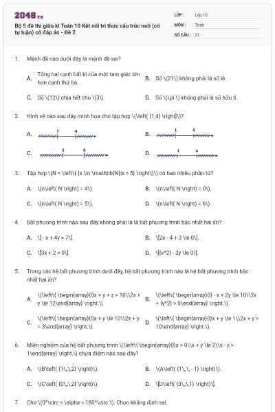 Bộ 5 đề thi giữa kì Toán 10 Kết nối tri thức cấu trúc mới (có tự luận) có đáp án - Đề 2