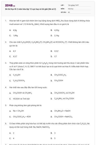Đề thi Học Kì 2 môn hóa lớp 12 cực hay có lời giải (Đề số 2)