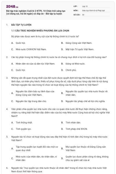Bài tập trắc nghiệm Cuối kì 2 KTPL 10 Chân trời sáng tạo (có đúng sai, trả lời ngắn) có đáp án - Bài tập tự luyện