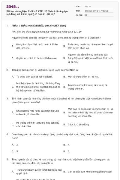 Bài tập trắc nghiệm Cuối kì 2 KTPL 10 Chân trời sáng tạo (có đúng sai, trả lời ngắn) có đáp án - Đề số 1