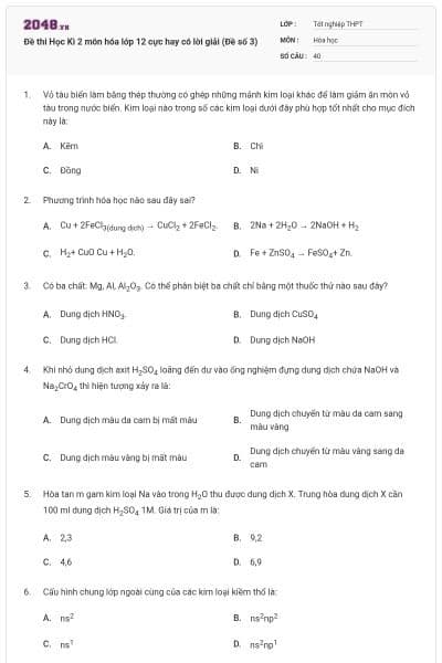 Đề thi Học Kì 2 môn hóa lớp 12 cực hay có lời giải (Đề số 3)
