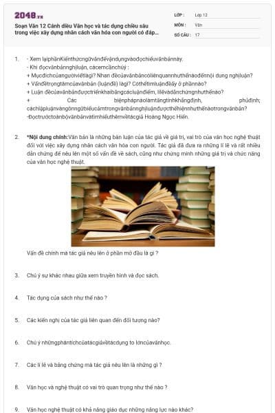 Soạn Văn 12 Cánh diều Văn học và tác dụng chiều sâu trong việc xây dựng nhân cách văn hóa con người có đáp án