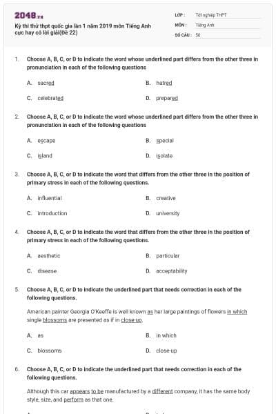 Kỳ thi thử thpt quốc gia lần 1 năm 2019 môn Tiếng Anh cực hay có lời giải(Đề 22)