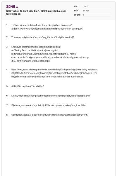 SGK Tin học 12 Cánh diều Bài 1. Giới thiệu về trí tuệ nhân tạo có đáp án