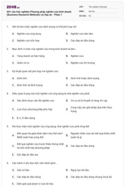 60+ câu trắc nghiệm Phương pháp nghiên cứu kinh doanh (Business Research Methods) có đáp án - Phần 1
