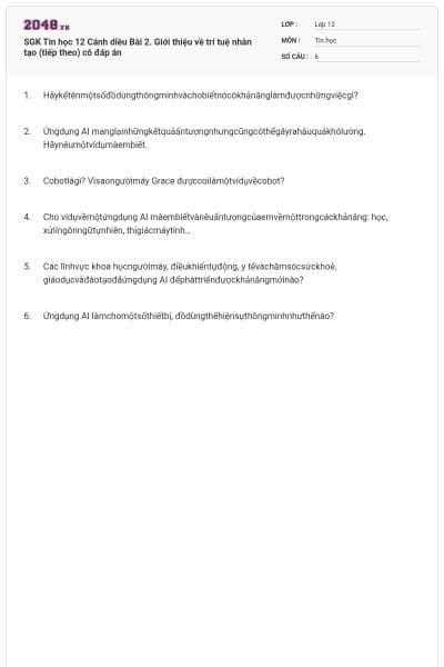 SGK Tin học 12 Cánh diều Bài 2. Giới thiệu về trí tuệ nhân tạo (tiếp theo) có đáp án