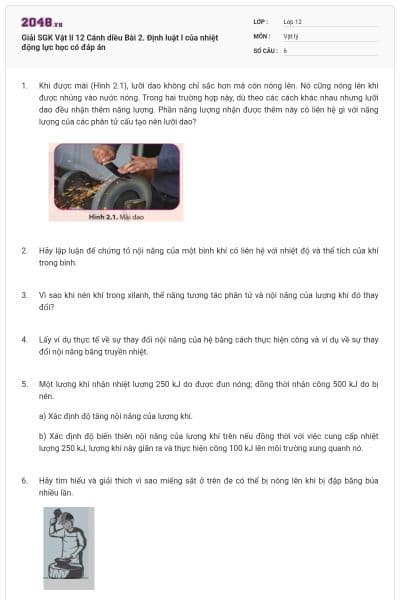 Giải SGK Vật lí 12 Cánh diều Bài 2. Định luật I của nhiệt động lực học có đáp án