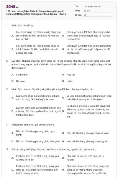 100+ câu trắc nghiệm Quản trị đàm phán và giải quyết xung đột (Nergotiation management) có đáp án - Phần 2