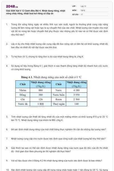Giải SGK Vật lí 12 Cánh diều Bài 4. Nhiệt dung riêng, nhiệt nóng chảy riêng, nhiệt hoá hơi riêng  có đáp án