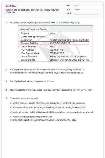 SGK Tin học 12 Cánh diều Bài 1. Cơ sở về mạng máy tính có đáp án