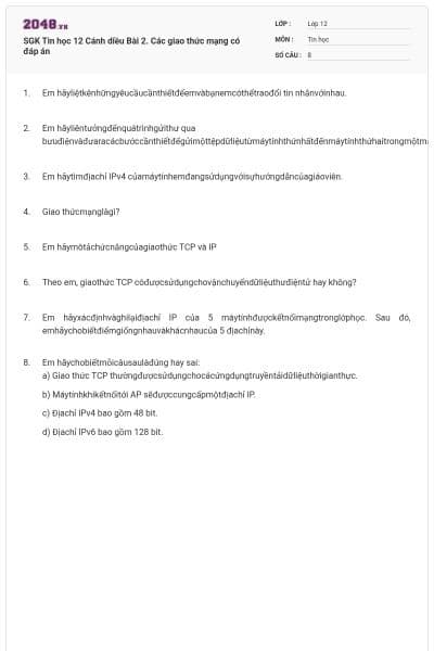SGK Tin học 12 Cánh diều Bài 2. Các giao thức mạng có đáp án