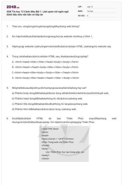 SGK Tin học 12 Cánh diều Bài 1. Làm quen với ngôn ngữ đánh dấu siêu văn bản có đáp án