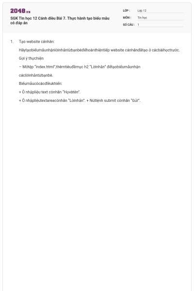 SGK Tin học 12 Cánh diều Bài 7. Thực hành tạo biểu mẫu có đáp án