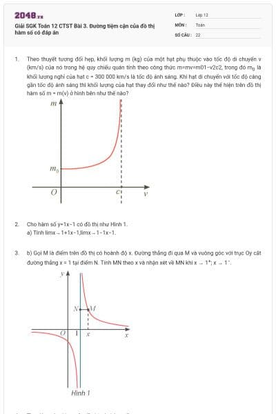 Giải SGK Toán 12 CTST Bài 3. Đường tiệm cận của đồ thị hàm số có đáp án