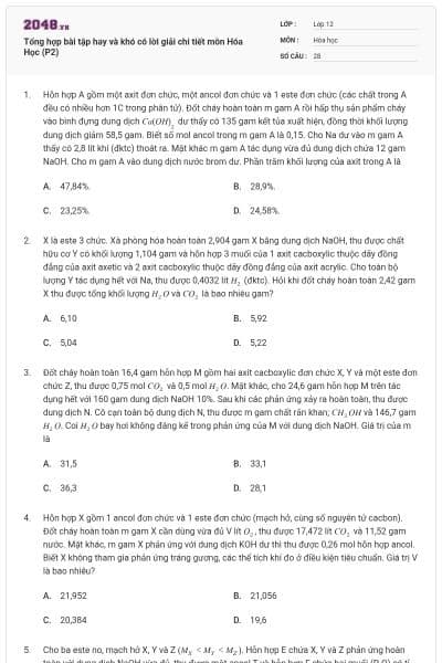 Tổng hợp bài tập hay và khó có lời giải chi tiết môn Hóa Học (P2)