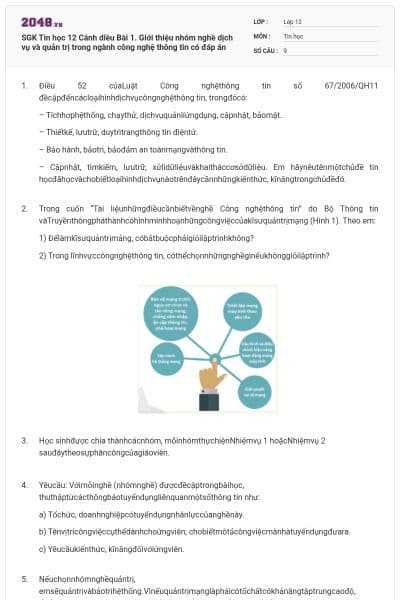 SGK Tin học 12 Cánh diều Bài 1. Giới thiệu nhóm nghề dịch vụ và quản trị trong ngành công nghệ thông tin có đáp án