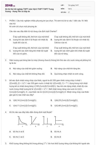 Đề thi thử tốt nghiệp THPT môn Vật lí THPT THPT Trưng Vương - Hưng Yên có đáp án