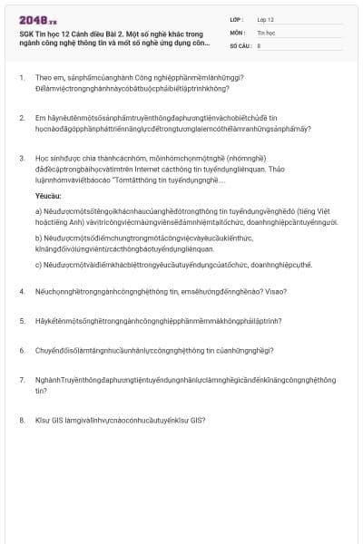 SGK Tin học 12 Cánh diều Bài 2. Một số nghề khác trong ngành công nghệ thông tin và mốt số nghề ứng dụng công nghệ thông tin có đáp án