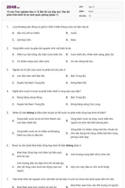 19 câu Trắc nghiệm Địa Lí 12 Bài 42 (có đáp án): Vấn đề phát triển kinh tế an ninh quốc phòng (phần 1)