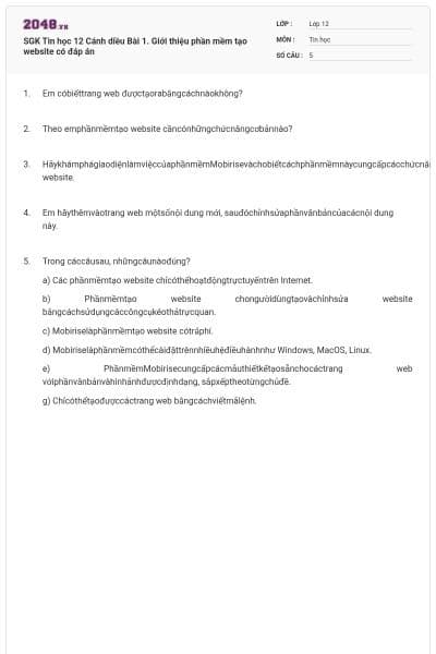 SGK Tin học 12 Cánh diều Bài 1. Giới thiệu phần mềm tạo website  có đáp án