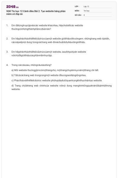 SGK Tin học 12 Cánh diều Bài 2. Tạo website bằng phần mềm có đáp án
