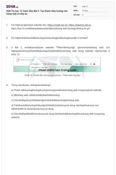 SGK Tin học 12 Cánh diều Bài 3. Tạo thanh điều hướng cho trang web có đáp án