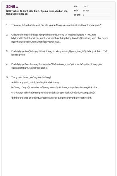 SGK Tin học 12 Cánh diều Bài 4. Tạo nội dung văn bản cho trang web có đáp án