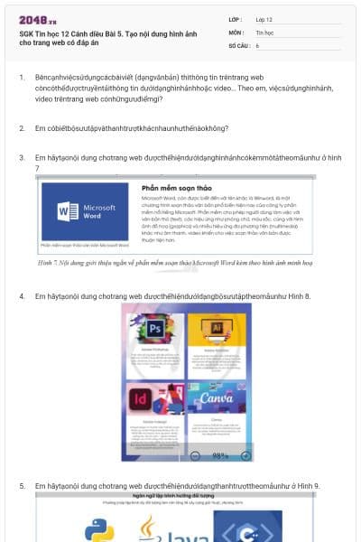 SGK Tin học 12 Cánh diều Bài 5. Tạo nội dung hình ảnh cho trang web có đáp án
