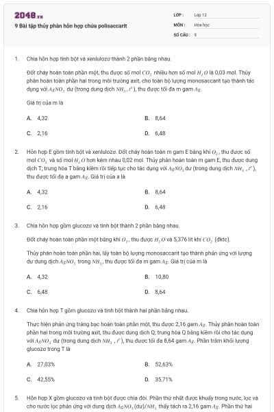 9 Bài tập thủy phân hỗn hợp chứa polisaccarit