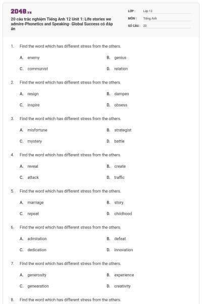 20 câu trắc nghiệm Tiếng Anh 12 Unit 1: Life stories we admire-Phonetics and Speaking- Global Success có đáp án