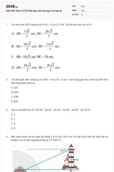 Giải SGK Toán 9 CTST Bài tập cuối chương 4 có đáp án