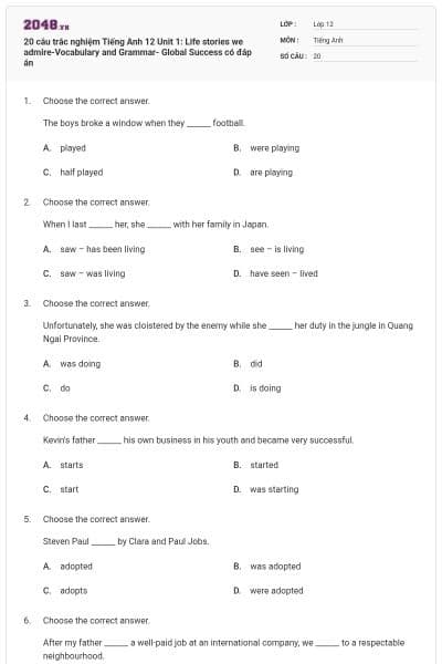 20 câu trắc nghiệm Tiếng Anh 12 Unit 1: Life stories we admire-Vocabulary and Grammar- Global Success có đáp án