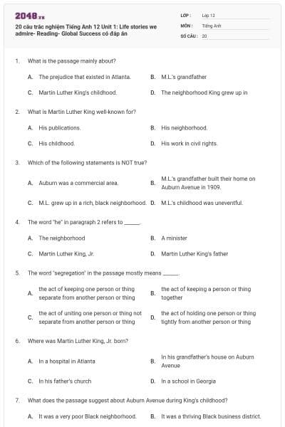 20 câu trắc nghiệm Tiếng Anh 12 Unit 1: Life stories we admire- Reading- Global Success có đáp án