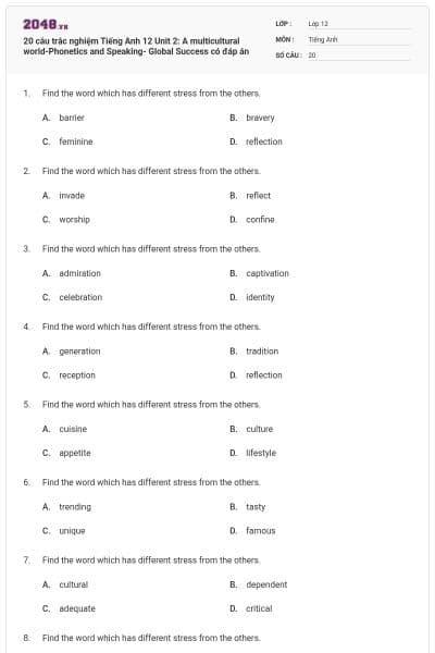 20 câu trắc nghiệm Tiếng Anh 12 Unit 2: A multicultural world-Phonetics and Speaking- Global Success có đáp án