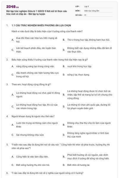 Bài tập trắc nghiệm Giữa kì 1 GDCD 9 Kết nối tri thức cấu trúc mới có đáp án - Bài tập tự luyện