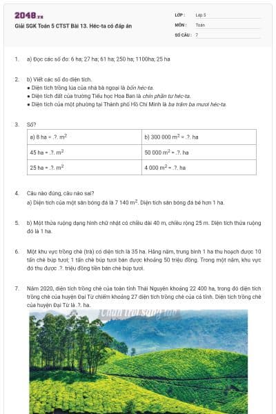 Giải SGK Toán 5 CTST Bài 13. Héc-ta có đáp án