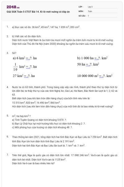 Giải SGK Toán 5 CTST Bài 14. Ki-lô-mét vuông có đáp án