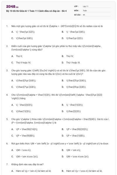 Bộ 10 đề thi Giữa kì 1 Toán 11 Cánh diều có đáp án - Đề 4