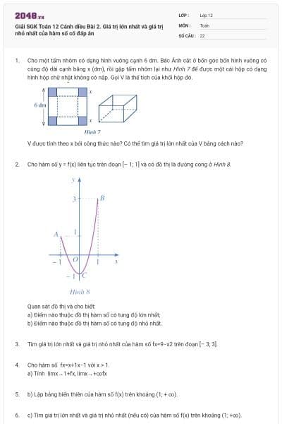 Giải SGK Toán 12 Cánh diều Bài 2. Giá trị lớn nhất và giá trị nhỏ nhất của hàm số có đáp án