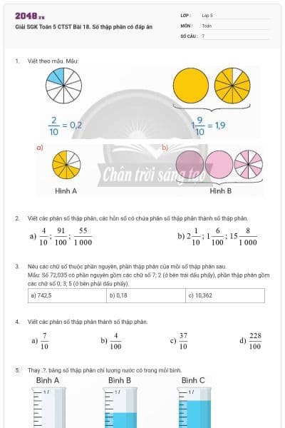 Giải SGK Toán 5 CTST Bài 18. Số thập phân có đáp án