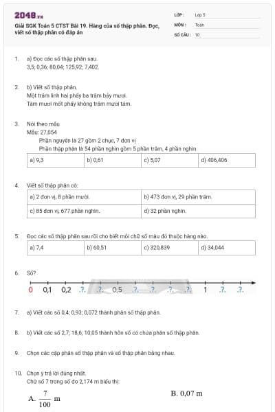 Giải SGK Toán 5 CTST Bài 19. Hàng của số thập phân. Đọc, viết số thập phân có đáp án