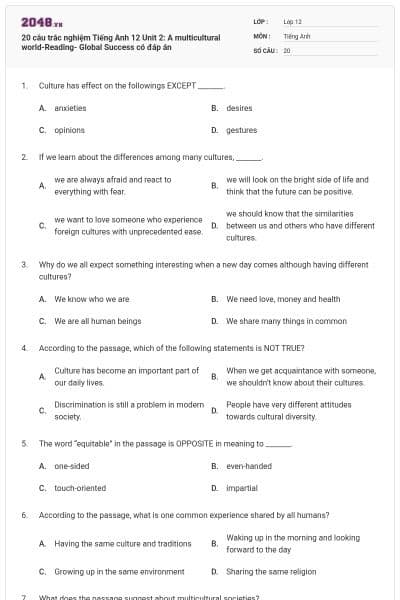 20 câu trắc nghiệm Tiếng Anh 12 Unit 2: A multicultural world-Reading- Global Success có đáp án