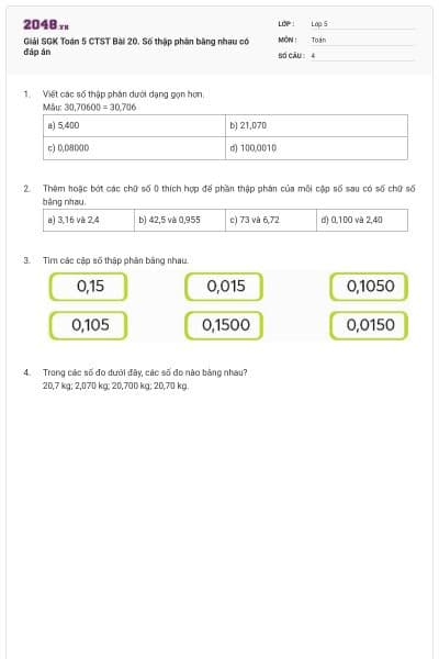 Giải SGK Toán 5 CTST Bài 20. Số thập phân bằng nhau có đáp án