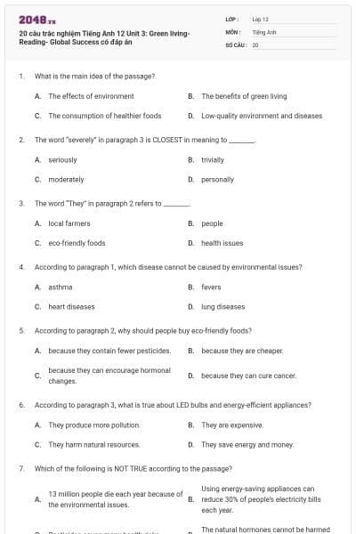 20 câu trắc nghiệm Tiếng Anh 12 Unit 3: Green living- Reading- Global Success có đáp án