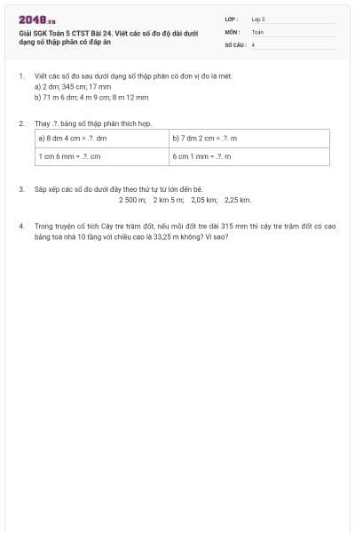 Giải SGK Toán 5 CTST Bài 24. Viết các số đo độ dài dưới dạng số thập phân có đáp án