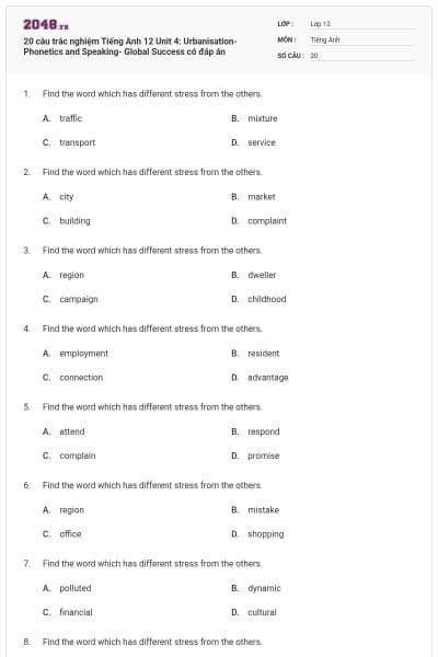 20 câu trắc nghiệm Tiếng Anh 12 Unit 4: Urbanisation- Phonetics and Speaking- Global Success có đáp án