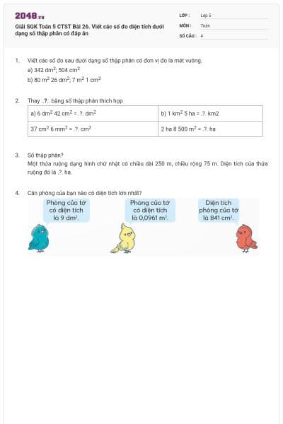 Giải SGK Toán 5 CTST Bài 26. Viết các số đo diện tích dưới dạng số thập phân có đáp án