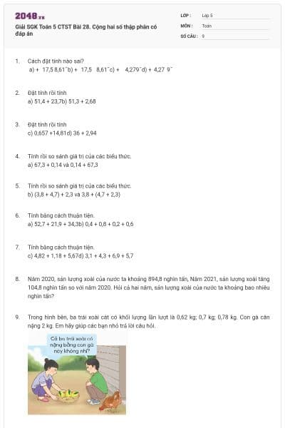 Giải SGK Toán 5 CTST Bài 28. Cộng hai số thập phân có đáp án