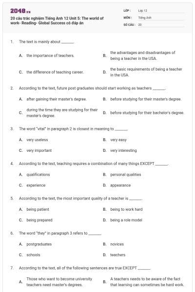 20 câu trắc nghiệm Tiếng Anh 12 Unit 5: The world of work- Reading- Global Success có đáp án